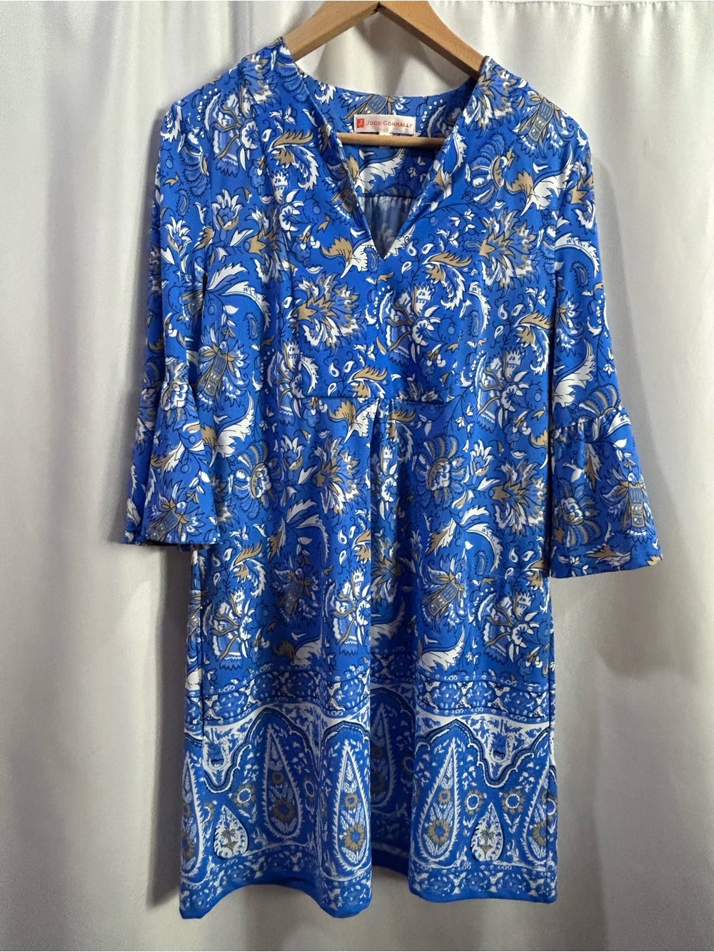 LN Jude Connally Blue Paisley Floral Bell Sleeve Shift dress